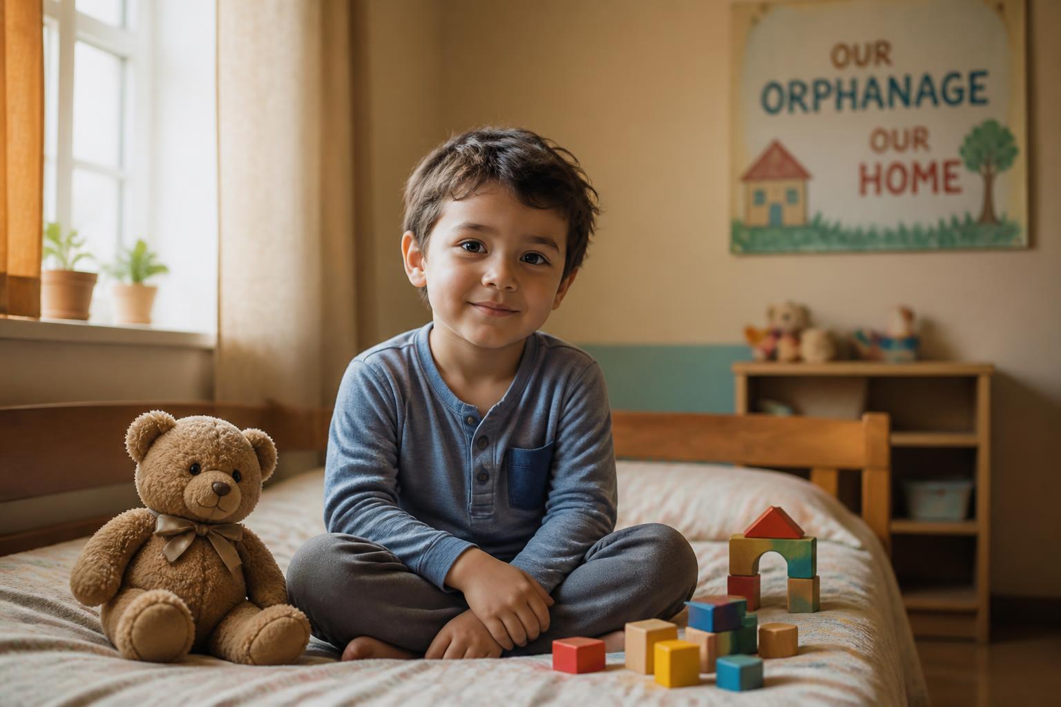 Niño en un hogar de acogida con sus juguetes