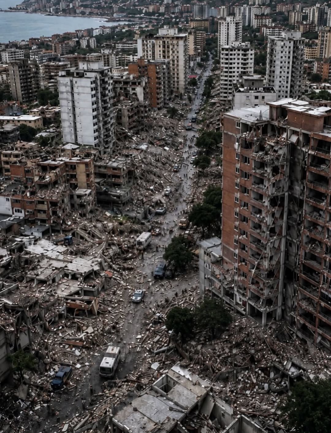 Vista aérea de una ciudad devastada por el terremoto